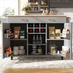 Crlnaup Modern keukeneiland (102 x 45 x 92 cm), keukenkast, buffetkast, eetwagen met houtnerf, buffetkast, multifunctionele eettafel met opbergruimte, grijs