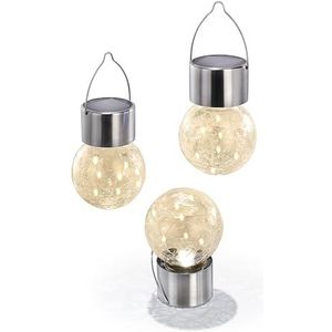 esotec Crackle Ball 102309 Lantaarn op zonne-energie, voor buiten, 3-delige set, hanglamp, kogellamp, breukglas-look, hangend boomlicht, led-tuinverlichting, campingaccessoires, outdoor, metaal, IP44,