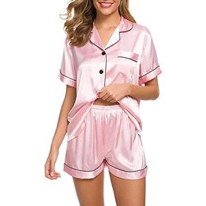 Lemoiitea Zijden satijnen pyjama voor dames, V-hals, korte mouwen, knooppyjama met zak en korte broek, geschikt voor casual comfortabele loungewear, tweedelige pyjama, nachtkleding, roze, XXL