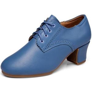 JUODVMP Vrouwen Latin Praktijk Dansschoenen Salsa Sluiten Teen Lace Up Ballroom Leraar Dansen Schoenen Model K15, Blauw 3 5cm Hiel Rubberen Zool, 39.5 EU