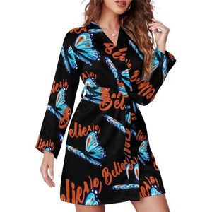 Blauwe En Rode Vlinder Vrouwen Badjas Sjaal Kraag Loungewear Spa Badjas Lange Mouw Pyjama L