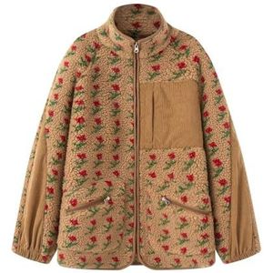 CakfLjkhl Dames gezellige fleece jas met bloemenprint, ritssluiting over de hele lengte, opstaande kraag, patchwork pluche cardigan jas,Bruin,L