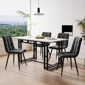 Aunvla 120 x 70 cm, zwart, eettafel met 4 stoelen, moderne keuken, eettafel, donkergrijs, fluweel, eetkamerstoelen, zwarte ijzeren beentafel