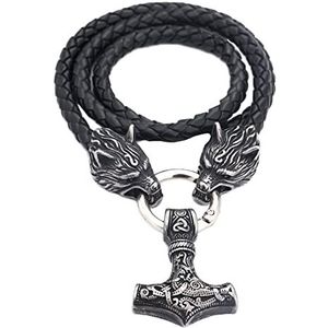 Viking Wolf Hoofd Thor's Hammer Hanger Ketting - Noorse Vintage RVS Mjolnir Gevlochten Lederen Ketting - Nordic Mens Celtic Wolf Amulet Sieraden (Size : 70CM)