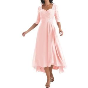 KIYNE Damesjurk, lange jurk voor moeder van de bruid met mouwen, geplooide kanten applicatie, V-hals, formele avondjurk, Blush Roze, 32