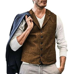 Heren Casual Vest Vintage Tweed Vest Bruiloft Wollen Vest Visgraat Zakelijk Vest Bruin XL