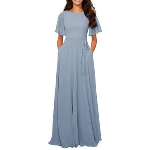 HPPEE Flutter lange mouwen bruidsmeisjes jurken met zakken sjerp voor bruiloft formele avondjurk WYX527, Dusty Blauw, 36