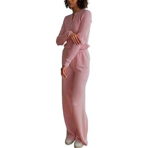 MLSHWUG Dames Slim Fit Gebreide Korte Top Met Knopen En Broek Met Elastische Taille 2-Delige Set,Roze,S