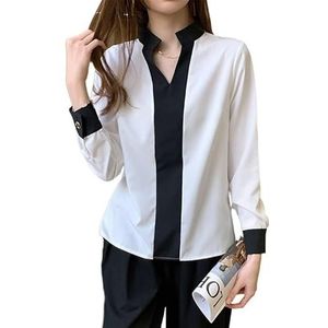ROUZIHU Dames Chiffon Shirt V-hals Contrasterende Kleur Shirt Top Zakelijk Kantoor Professioneel Shirt(XXL)