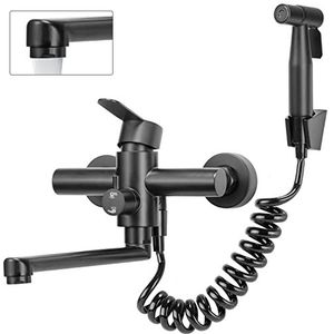 Kraan voor in de keuken, wandmontage, wandarmatuur keuken met spuitpistool, 360° draaibare keukenkraan, wandmontage, draaibuis 23 cm, zwart (wandarmatuur zwart)