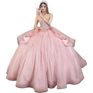 Fuomomo Quinceanera MT054 Jurken met spaghettibandjes, partyjurk met staart, Quinceanera kanten jurk met strik, Quinceanera tule met parels, Roze, 42