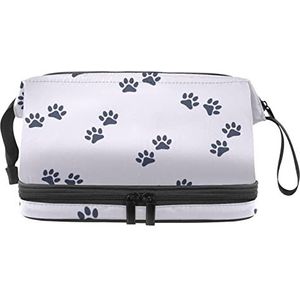 Dubbele Laag Cosmetische Tas Paars Hond Kat Poot Print Draagbare Make-up Tas Reizen Organizer Pouch voor Vrouwen Meisjes Toiletartikelen Tassen, Meerkleurig, 27x15x14 cm/10.6x5.9x5.5 in, Make-up zakje