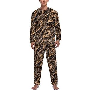 Gouden abstracte pauw veren zachte heren pyjama set comfortabele lange mouw loungewear top en broek geschenken L