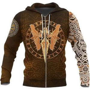 Mode Nordic Odin Raven Sweatshirt, Nieuwigheid Fitness Pullover Rits Sweatshirt 3D Printed Polyester Hoodie, Middeleeuwse Buitensporten Paar Lange Mouw Top(Zip Hoodie,4XL)