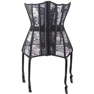 Bslingerie® Dames vintage bloemen brokaat satijn onderbuste korset cinchers, Zwart met kousenbanden, L