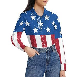 Retro Amerikaanse vlag damesshirt lange mouwen button down blouse casual werk shirts tops L