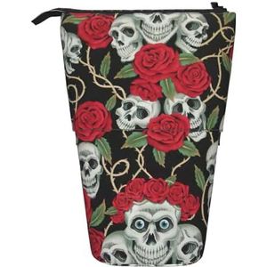 Evengigy Schedel en rode roos print schattig etui met ritssluiting verstelbare standaard potloodhouder grappige make-up tas, Zwart, Eén maat, Tas Organizer