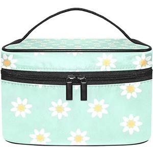 Madeliefje bloemen patroon roze achtergrond make-up tas voor vrouwen meisjes cosmetische tassen met handvat reizen make-up organizer tas, Little White Daisy Patroon Licht Groen, 8.9x5.9x5.4 Inches, Make-up zakje