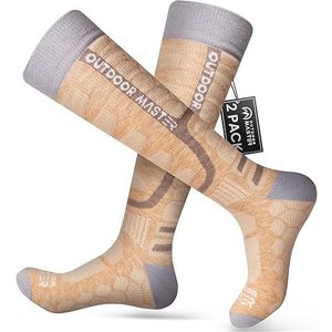 OutdoorMaster 2 paar uniseks merinowol, compressieskisokken voor dames en heren, OTC-design/antislip manchetten, ademende thermische wintersokken voor snowboarden