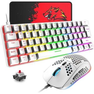 T60 Bekabeld Gamingtoetsenbord en Muis Set, Mini 60% Compact Mechanisch Toetsenbord 62 Toetsen, 19 Regenboog LED-licht, UK Layout + 6400 DPI PS4 Gaming Muis + Muismat voor PC, Mac - Red Switch/Wit