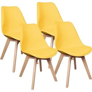 TOOSIS Set van 4 eetkamerstoelen, Scandinavische stoelen met kussen van PU-leer en beukenhouten poten, ergonomisch Scandinavisch design, voor slaapkamer, woonkamer, keuken en eetkamer (geel-4)