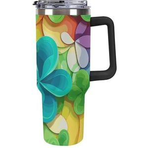STVNKML 40 oz beker met handvat regenboog cirkel klaver roestvrijstalen koffiemok herbruikbare reismok lekvrije geïsoleerde autobeker grote capaciteit beker voor reizen, buiten, thuisgebruik (zwart)