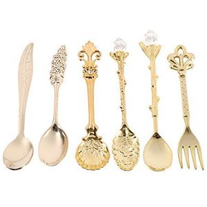 Vintage lepels vork set, 6 stuks familie serviesgoed retro koninklijke stijl goud zilver kleur antiek metalen set, koffie dessertlepel theelepel ijslepel(Goud)