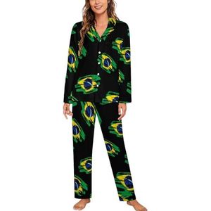 Vintage Braziliaanse Vlag Vrouwen Lange Mouw Button Down Nachtkleding Zachte Nachtkleding Lounge Pyjama Set 2XL