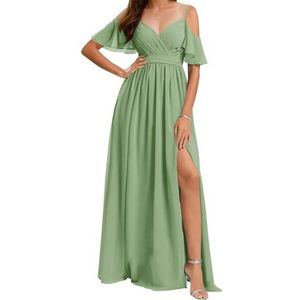 AHERKLL Koude schouder bruidsmeisjes jurken voor bruiloft spaghetti riem chiffon formele avond feest maxi jurk met split HAH060, Salie, 32