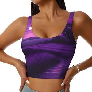 ZXERTG Paarse Twilight Print Athletic Tanktops, hoge ondersteuning, ideaal voor high-impact workouts, yoga en hardlopen, Zwart, S