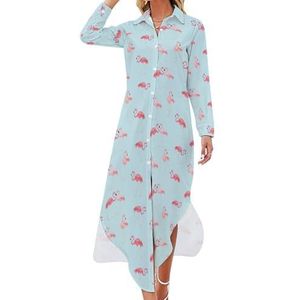 Schattige roze flamingo dames maxi-jurk lange mouwen knoop overhemd jurk casual feest lange jurken 3XL