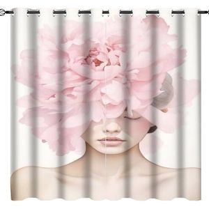 AEMYSKA Moderne mooie vrouw verduisterende tule gordijnen voor slaapkamer roze bloemen natuur figuur thermisch geïsoleerde gordijnen kamer verduistering licht blokkerende gordijnen 84x84 inch
