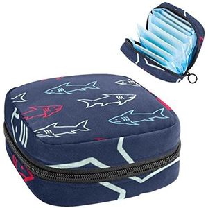 Rood Blauw Getrokken Haaien Marine Achtergrond Periode Pouch Draagbaar,Tampon Opbergtas voor Maandverband, Meerkleurig, 4.7x6.6x6.6 in/12x17x17 cm
