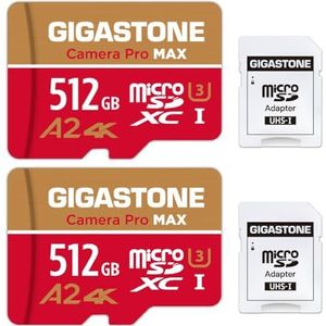 [5 jaar gratis gegevensherstel] GIGASTONE geheugenkaart 512 GB 2 kaarten, camera Pro Max, snelheid 160/100 MB/s. voor GoPro, DJI, drone, 4K Video A2 V30 U3 MicroSDXC met adapter