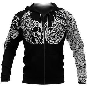 Viking Warrior Hoodie Thor's Hammer Zipper Sweatshirt Retro Fashion Nordic Mythology Tattoo Amulet Grappige Unisex Rits Sweatshirts Hoodies Jas (Color : Zippered hoodies, Size : XXL)