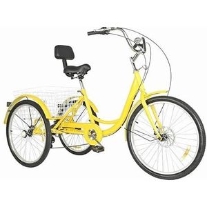 Cruiserfiets met 3 wielen, 7 versnellingen, 24 inch, driewielige fiets for volwassenen, groen reizen met lendensteun, breng een eilandtoerfiets met grote mand mee (Size : Yellow)