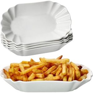 MamboCat Fries Frietschaal, ovale witte curryworstschaal van porselein, borreliëf voor bijgerechten, worstjes, friet en nuggets, herbruikbare serveerborden