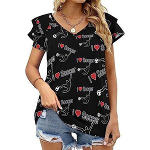 I Love Soccer Dames Casual Tuniek Tops Ruches Korte Mouw T-shirts V-hals Blouse Tee