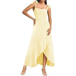 Spaghetti Bandjes Bruidsmeisjes Jurken voor Bruiloft Fluwelen Ruches Formele Avond Party Maxi Jurk High Low AH143, Geel, 32