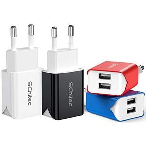 SCHITEC 2-Poorts USB-oplader, 4-Pack 5V / 2.1A USB Oplaadadapter/Voeding Stekker, Kleurrijke Draagbare USB Adapter Reis-wandoplader voor iPhone X 8, Samsung Galaxy en meer