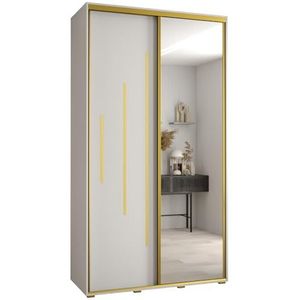 MEBLE KRYSPOL Davos 13 130 Kledingkast met twee schuifdeuren voor slaapkamer - Moderne Kledingkast met spiegel, kledingroede en planken - 235,2x130x60 cm - Wit Wit Goud