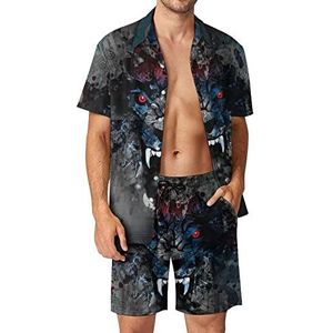 Angry Wolf Flaming Head Hawaiiaanse sets voor mannen, button-down trainingspak met korte mouwen, strandoutfits, XS