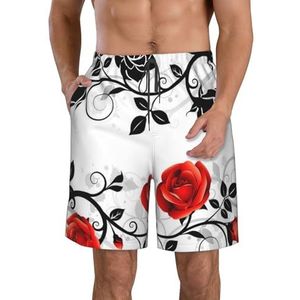 JIAWUJYNB Bloemen roos met bladeren lente print heren strandshorts - lichtgewicht, sneldrogend trekkoord zwembroek met zakken, Wit, XL