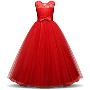 NNJXD Meisjes Applicatie, kant, geborduurd, Hollow Wedding Bridesmaid Ball Gown Pageant Communie ceremonie verjaardagsfeestje Prinsessenjurk, Rood, 8-9 Jaren