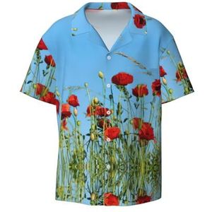 Poppies On Sky Print Overhemden met korte mouwen voor heren, met zak, casual overhemd met knopen, Zwart, XL