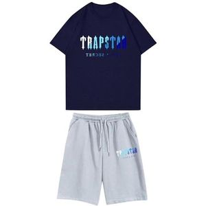 Trapstar kinder T-shirt met korte mouwen herensportpak,2-delige joggingbroek van trapstar-katoen met korte mouwen,100-160,jongen,deerntje,Zomer casual trainingspak(Color:23,Grootte:120(child))