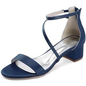 KYEGLO Dames Sandalen Met Open Teen En Ronde Neus, Dikke Hak En Enkelbandje, Comfortabele Satijnen Bruidsschoenen Met Ritssluiting - Zomerse Jurk- En Trouwschoenen,Dark blue,36