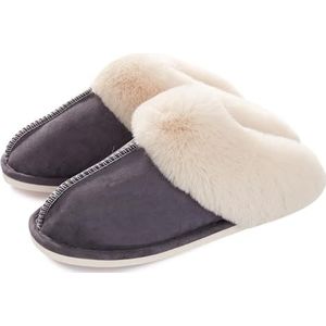Dames Sloffen Warm Winter Slippers Nepbont Zacht Plat Pluche Pantoffels Antislip Outdoor/Indoor Donkergrijs 38.5-40