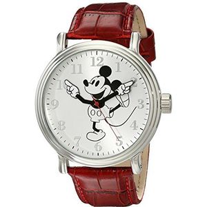 Disney Heren Mickey Mouse horloge met zwarte band, Zilver, Donker Rood, Vintage