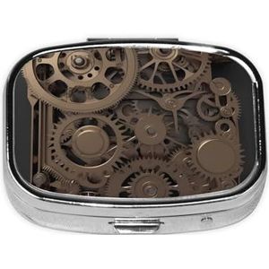 Steampunk Mechanische Gears Print Vierkante Pillendoos met 2 Compartimenten Draagbare Mini Pil Case Metalen Pil Organizer Pillencontainer voor Pocket Purse Kantoor Reizen